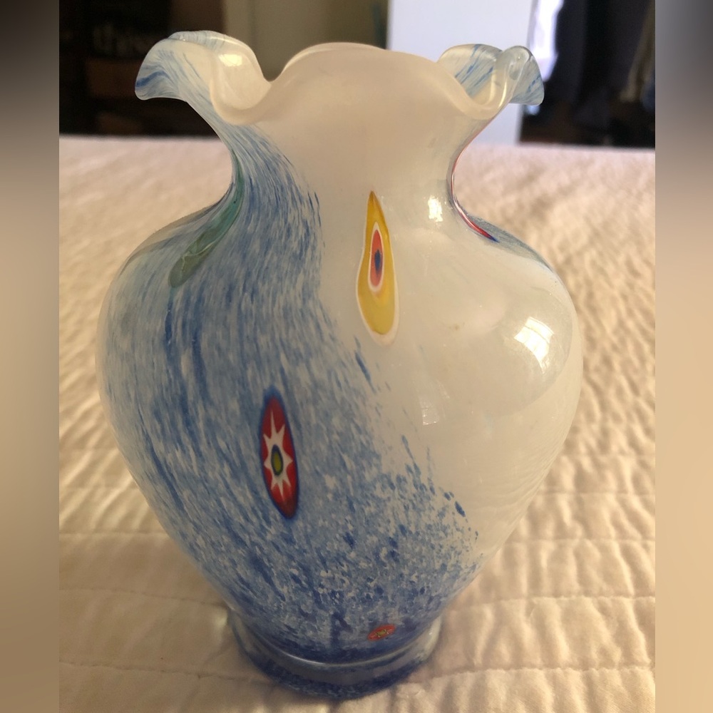 Murano White and Light Blue Swirl Art Glass Vase Italy